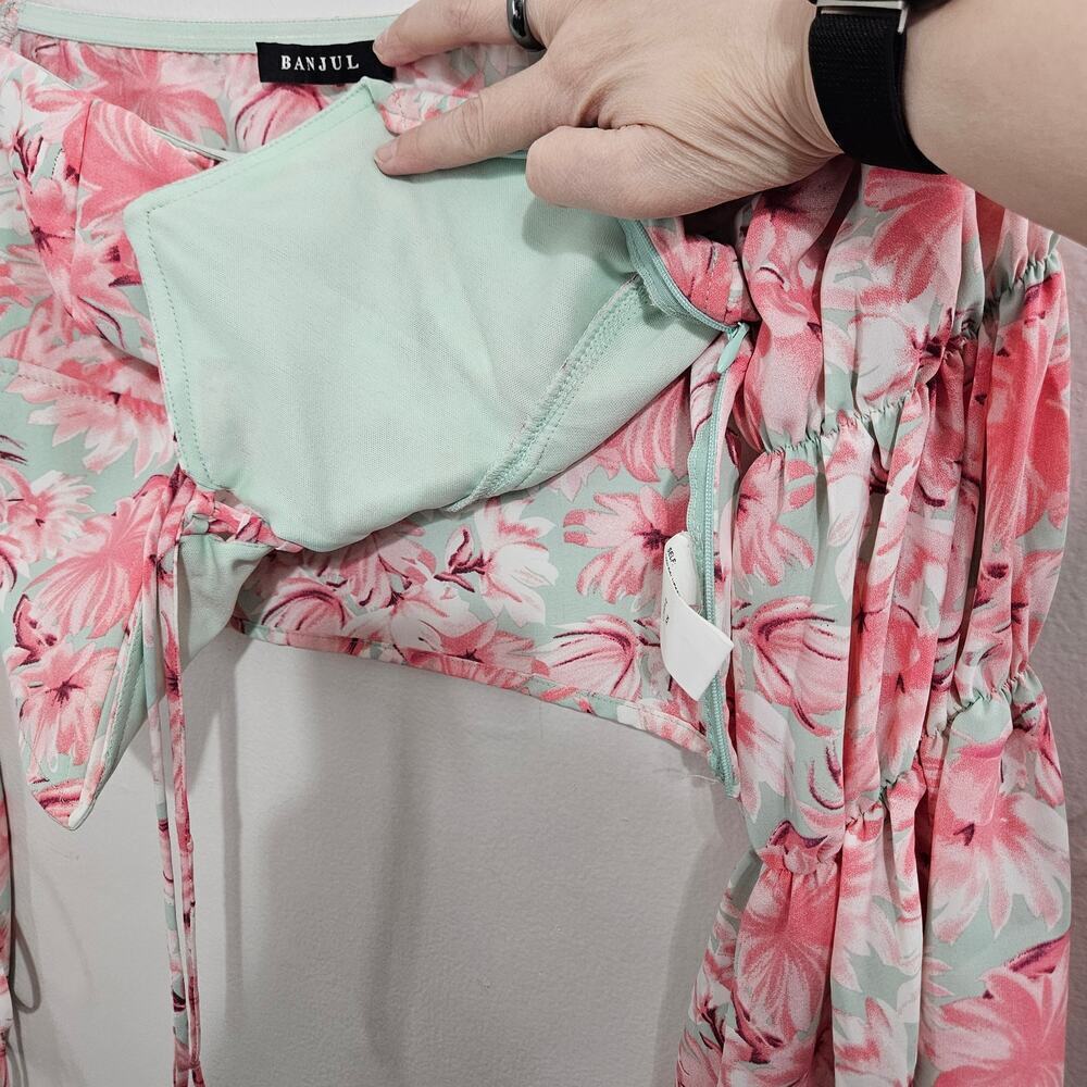 Floral Pink Puff Long Flare Sleeve Self Tie Front Crop Corset Top. Size Large - Picture 4 of 10